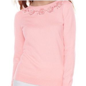 pink sweater embroidered roses